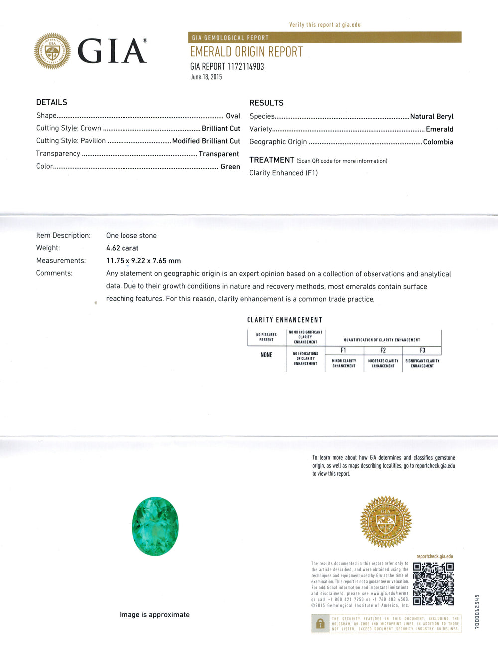11.75x9.22x7.65mm Oval Emerald (1 pc 4.62 ct)